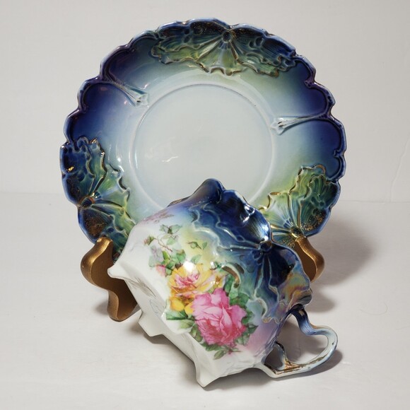 Royal Thuringia Teacup and Saucer Blue Floral - Picture 6 of 12